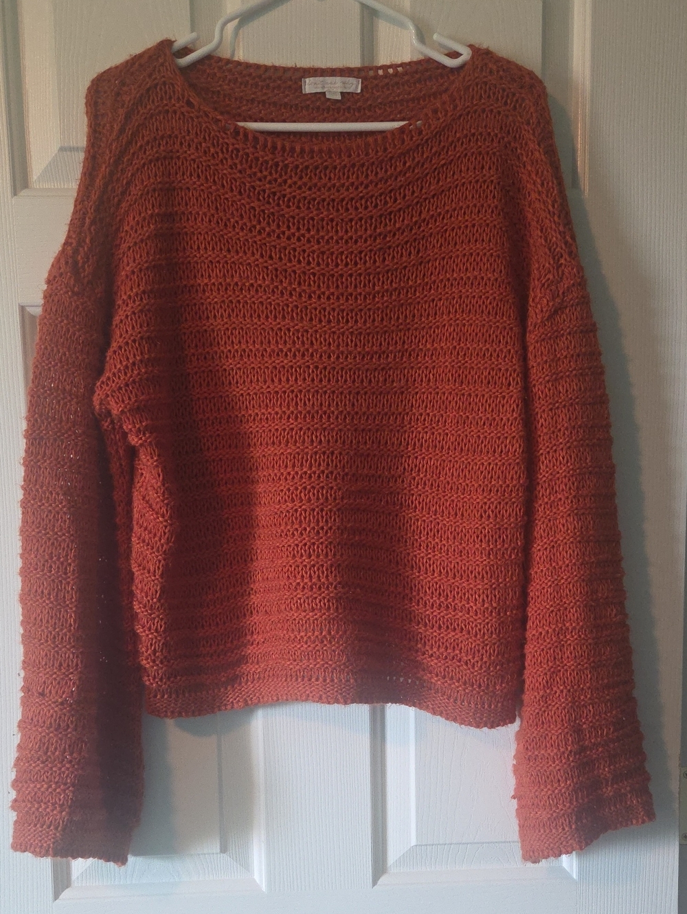 Scoop-Neck Open-Knit Sweater in Rust Orange With Bell Sleeves